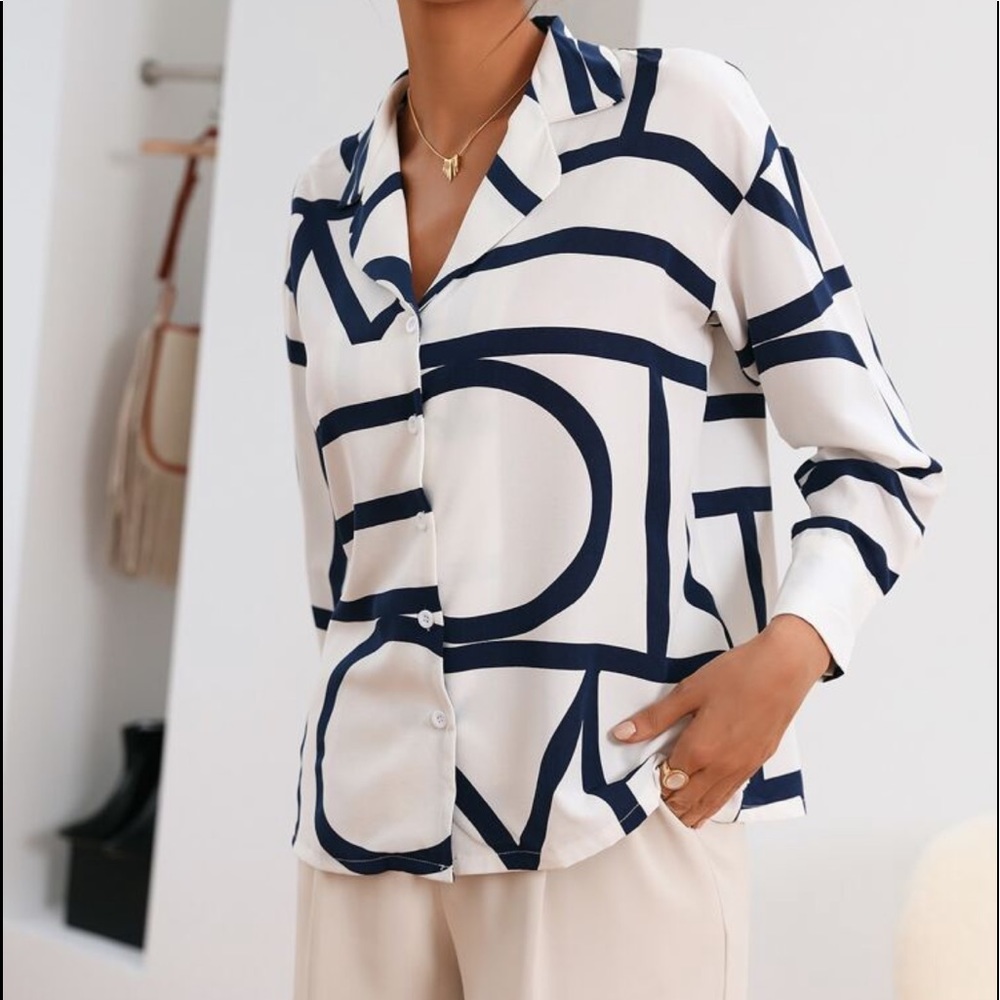Elegant Abstract Geo Loose Relaxed Fit Print Button Down Shirt - Picture 10 of 16